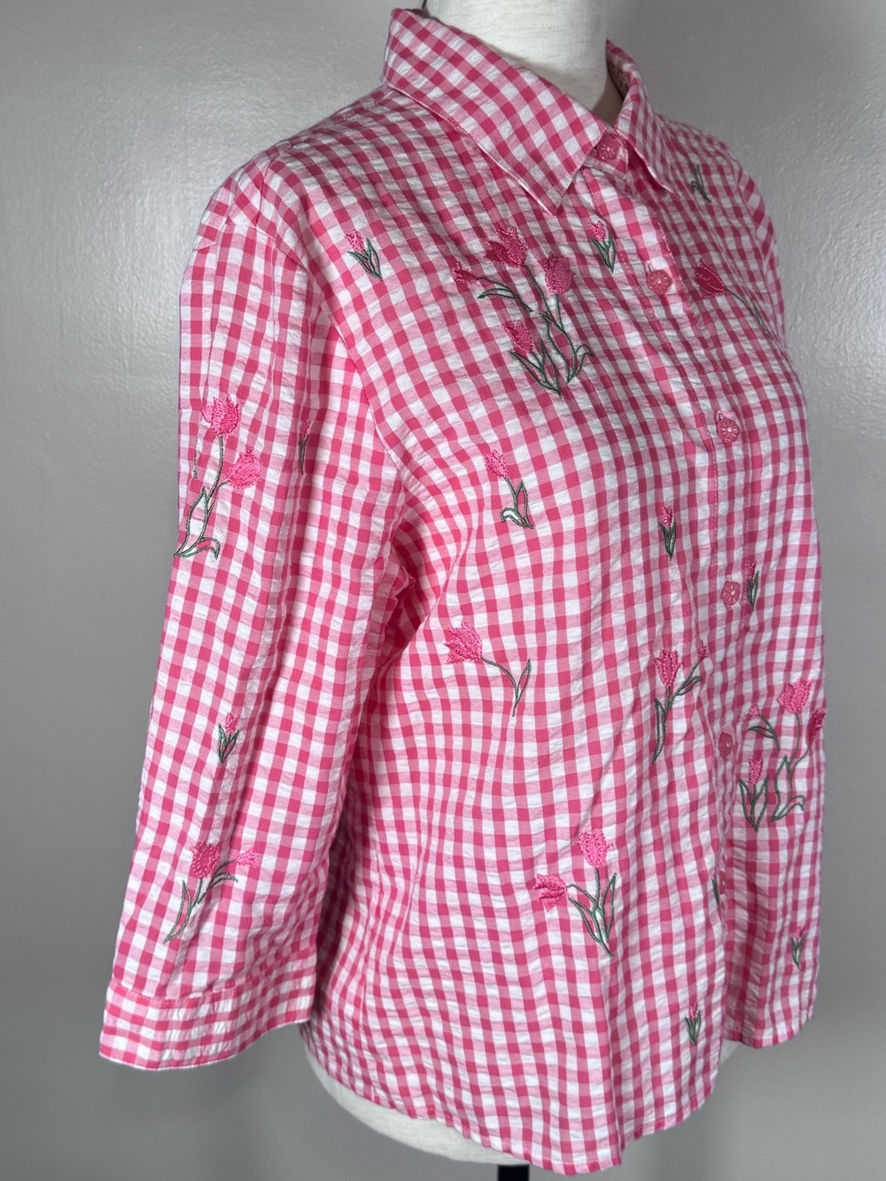 Teddi Pink Gingham Embroidered Tulip Floral VTG Country Cottagecore Blouse Sz PM - Picture 4 of 11